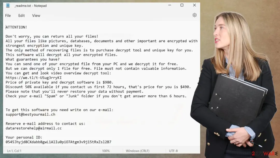 _readme.txt open in Notepad on Windows 11 showing the STOP Djvu ransom note with the price of $980, the discount to $490 and two e-mail contacts