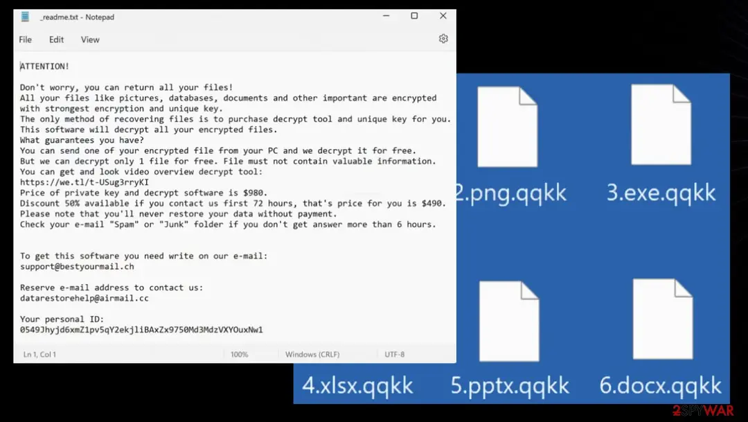 _readme.txt open in Notepad on Windows 11 with the STOP Djvu ransom note: the price of $980, the discount to $490 and the contacts support@bestyourmail.ch and datarestorehelp@airmail.cc, next to blue tiles of blank file icons named 2.png.qqkk, 3.exe.qqkk, 4.xlsx.qqkk, 5.pptx.qqkk and 6.docx.qqkk