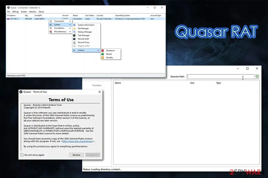 A Quasar server window listing one connected client with a menu of System, Surveillance and Actions commands, a Terms of Use window and an empty remote file browser