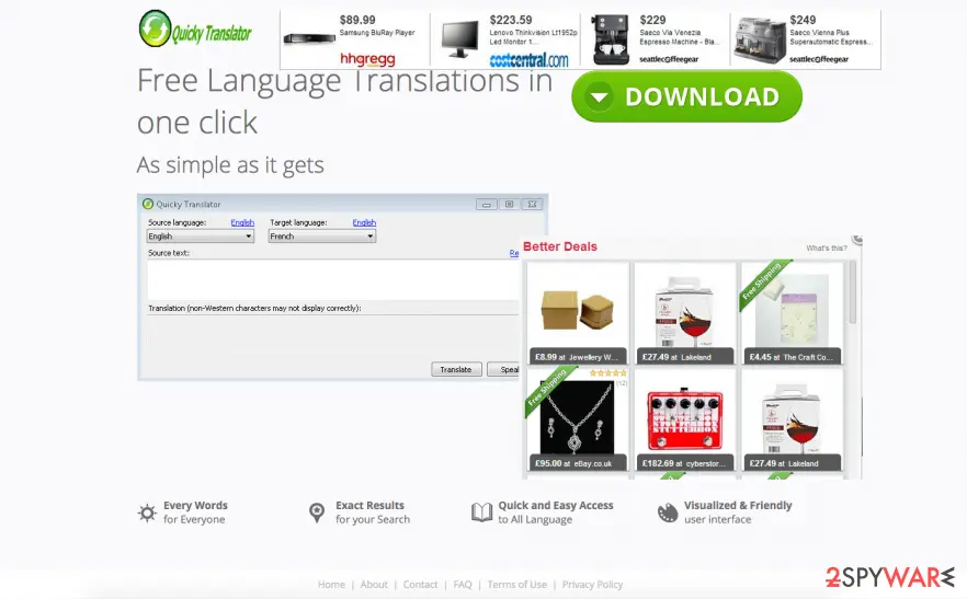 Quicky Translator: ads on the official website