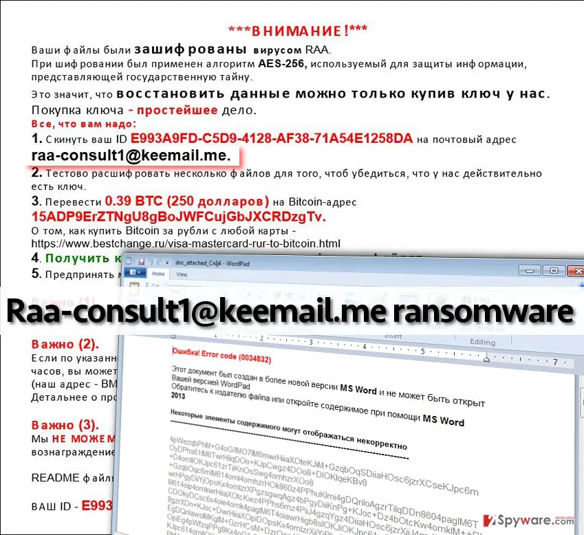Russian ransom note of the RAA virus with the e-mail address raa-consult1@keemail.me marked, and a WordPad window titled doc_attached_Cnlj4 showing the fake error 0034832