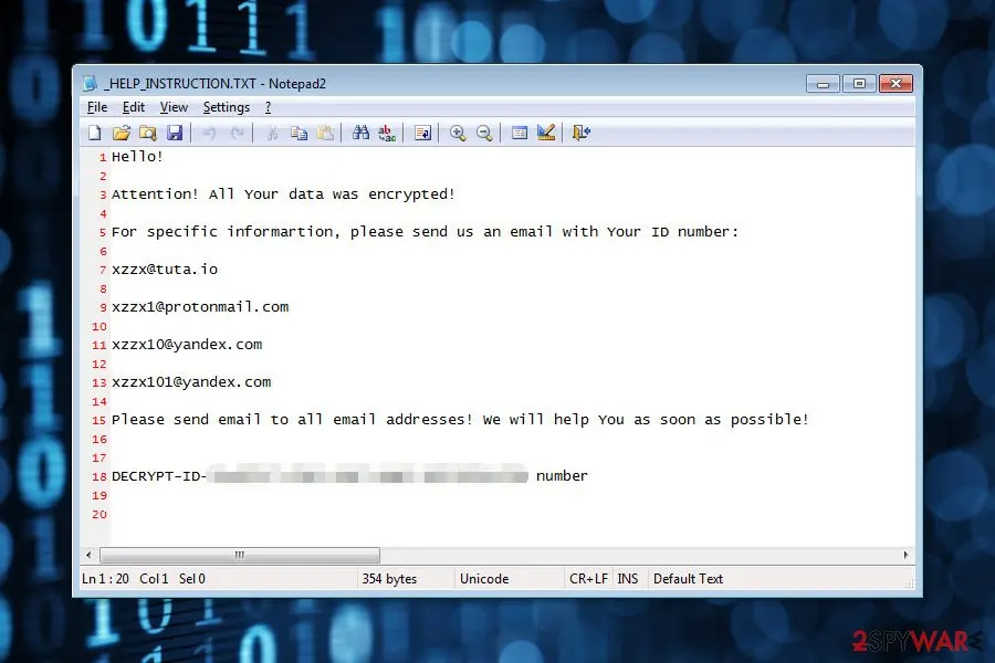_HELP_INSTRUCTION.TXT open in Notepad2 showing the XZZX ransom note with four contact e-mail addresses and a blurred DECRYPT-ID line