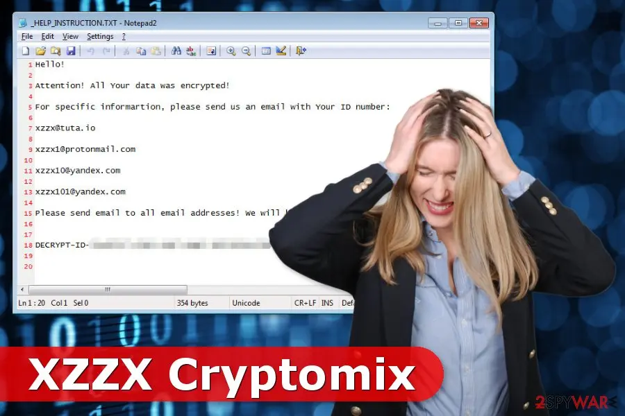 The same _HELP_INSTRUCTION.TXT note in Notepad2 behind a stock photo of a woman holding her head and a red XZZX Cryptomix banner
