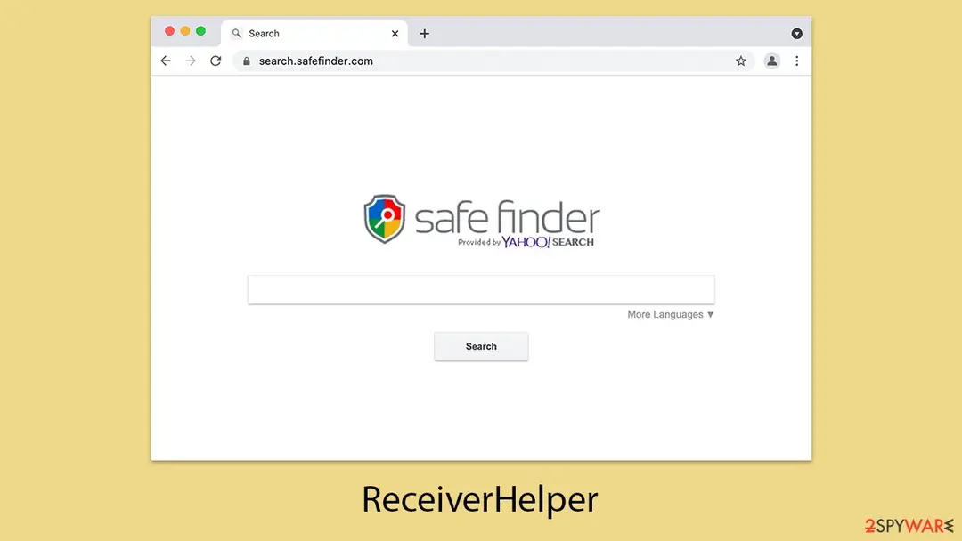 Browser window showing the Safe Finder search page, with the word ReceiverHelper under it
