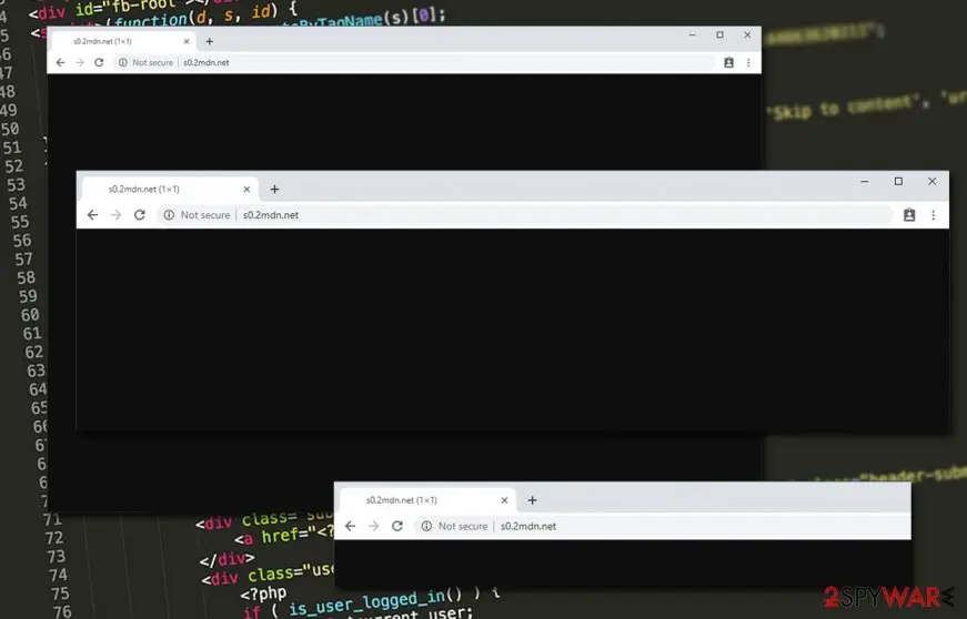 Three Chrome windows whose tabs read s0.2mdn.net (1x1) with the address s0.2mdn.net and a black empty page