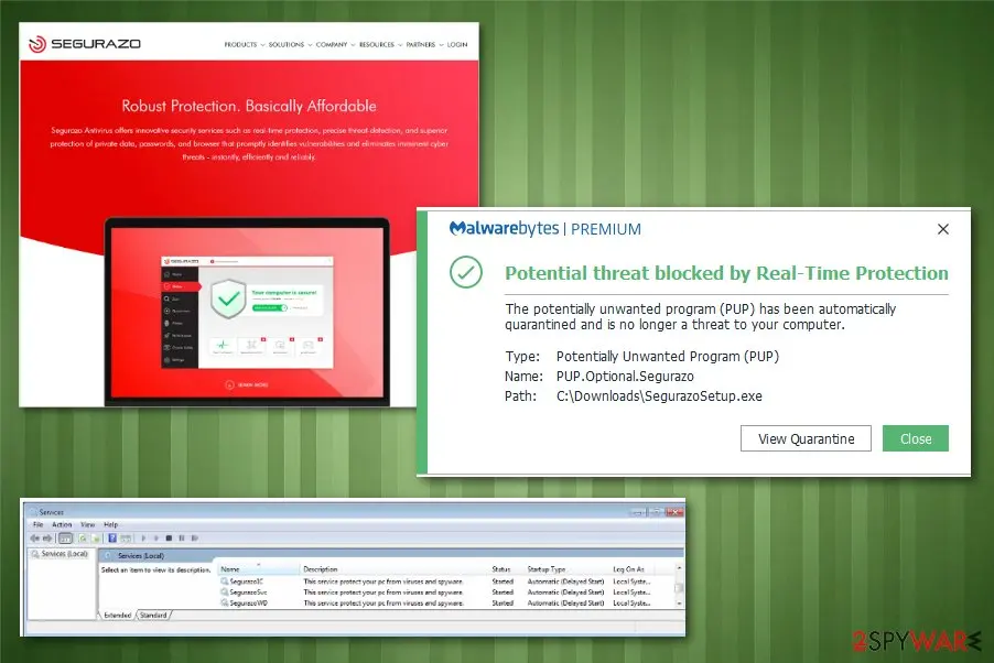 Segurazo site, a Malwarebytes alert naming PUP.Optional.Segurazo and a Windows Services list with Segurazo services