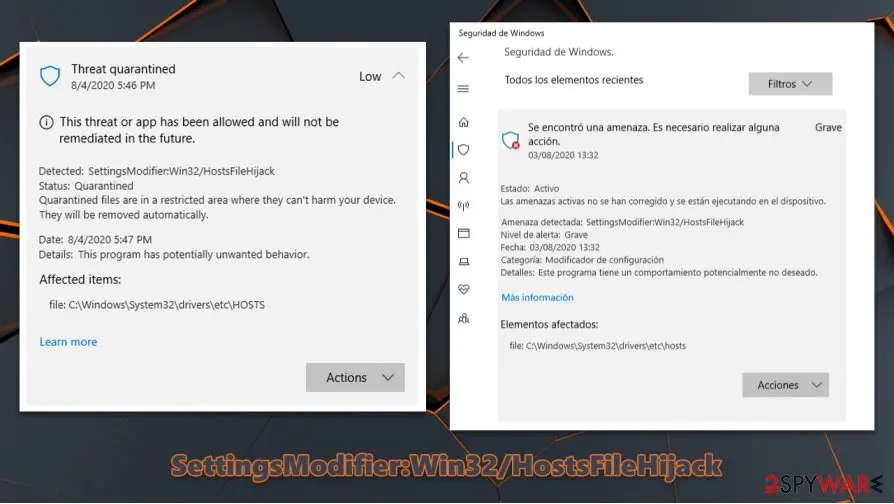 Two Windows Security alerts for SettingsModifier:Win32/HostsFileHijack. Left, an English Threat quarantined alert with severity Low and the note that the threat has been allowed. Right, a Spanish alert with severity Grave. Both list the hosts file under C:\Windows\System32\drivers\etc.