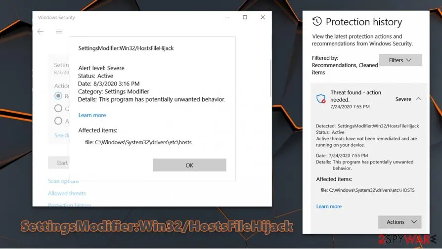 Windows Security alert for SettingsModifier:Win32/HostsFileHijack with alert level Severe, status Active, category Settings Modifier and affected item C:\Windows\System32\drivers\etc\hosts, beside a Protection history entry dated 7/24/2020.