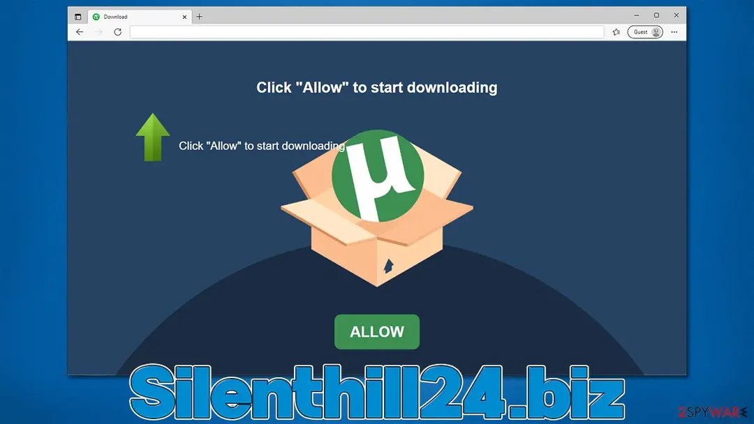 Fake download page in a browser window with the tab title Download, the line Click Allow to start downloading, a torrent-style logo on an open box and a green ALLOW button