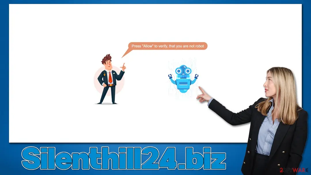 Plain white page with a cartoon man saying Press Allow to verify, that you are not robot, and a cartoon robot next to him