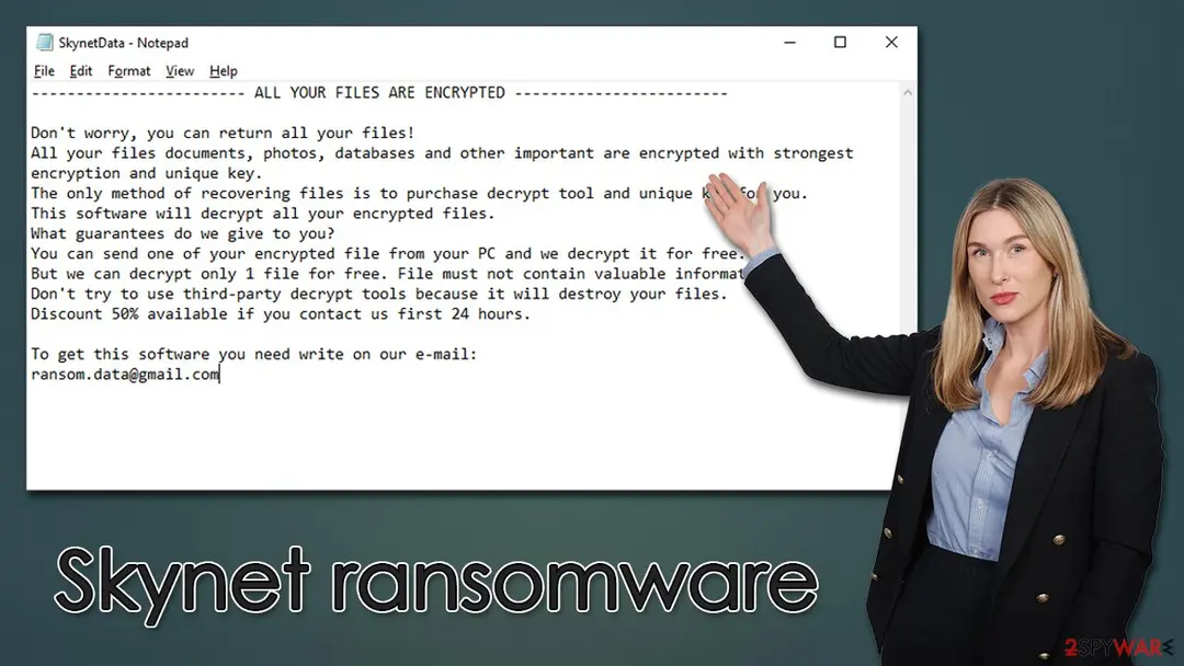 SkynetData.txt open in Notepad with the text ALL YOUR FILES ARE ENCRYPTED, the discount offer and a contact e-mail address
