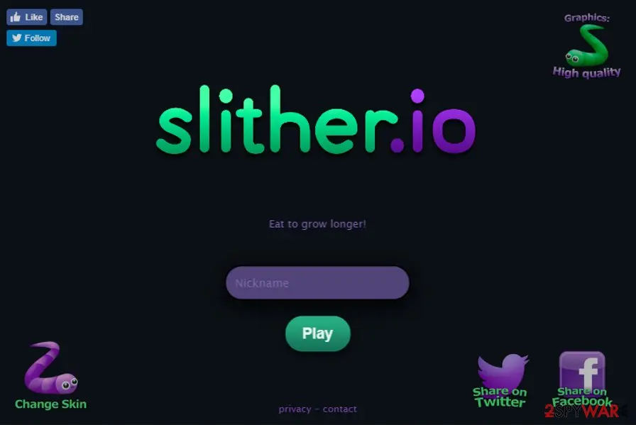 Slither.io start page in 2021 with the text Eat to grow longer, a nickname box and Facebook and Twitter share buttons