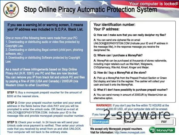 Fake Stop Online Piracy Automatic Protection System lock screen with a MoneyPak voucher box, a 200 dollar fine and a 72-hour warning