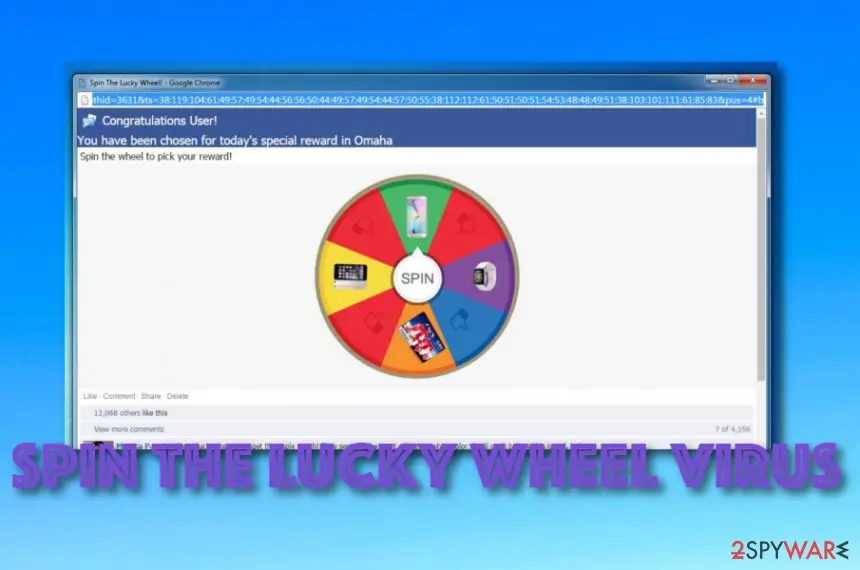 Chrome window titled Spin The Lucky Wheel with a banner saying Congratulations User, you have been chosen for today's special reward in Omaha, and a prize wheel showing a phone, a watch and a tablet