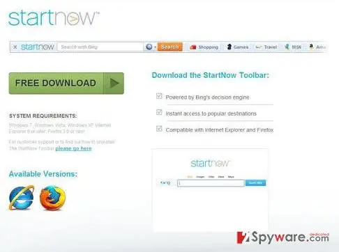 The StartNow Toolbar download page with a green Free Download button and a toolbar strip with a Bing search box and Shopping, Games, Travel and MSN buttons