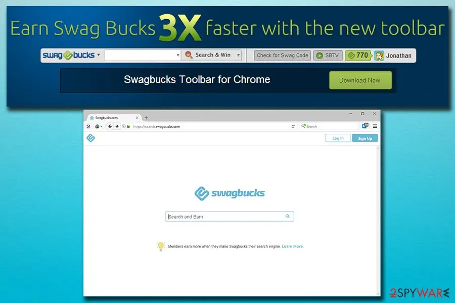 The advert Earn Swag Bucks 3X faster with the new toolbar, showing the toolbar and a Download Now button for Chrome, above a Firefox window on search.swagbucks.com