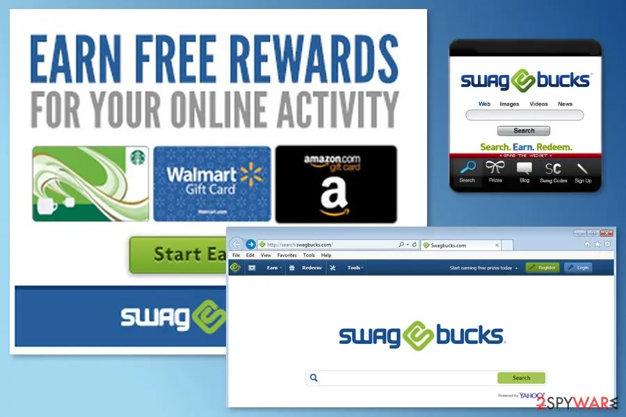 A Swagbucks advert for free rewards with gift cards, a small Swagbucks search widget and an Internet Explorer window open on search.swagbucks.com