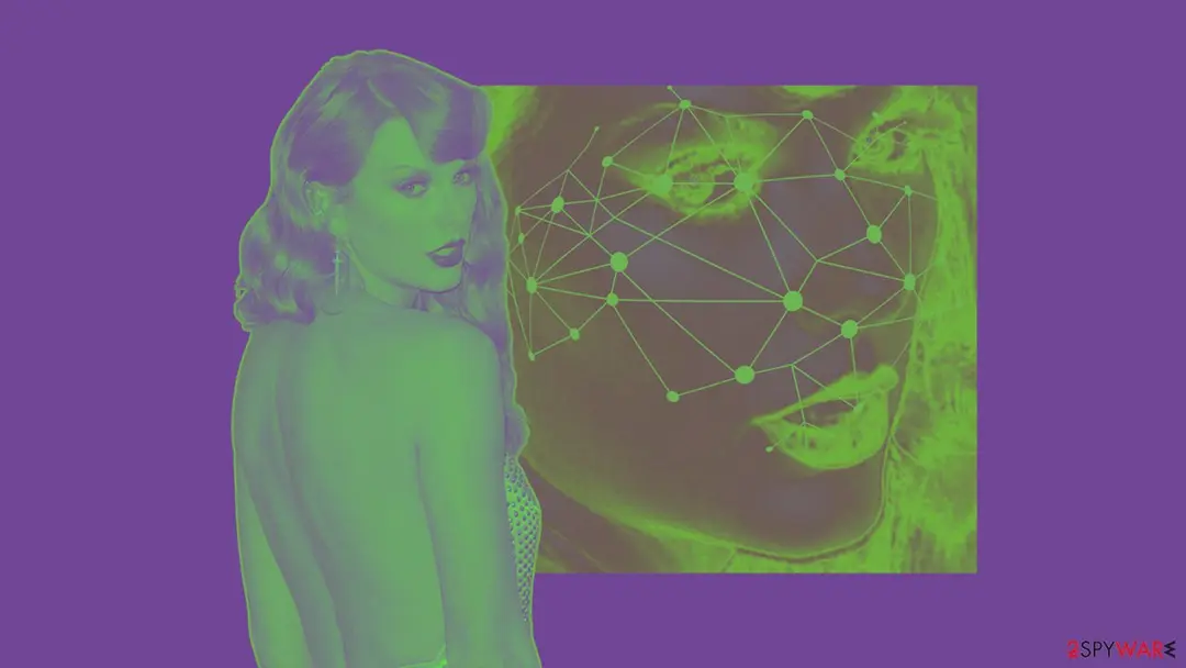A green and purple portrait of a woman looking over her shoulder next to a close-up of a face covered with a mesh of dots and lines