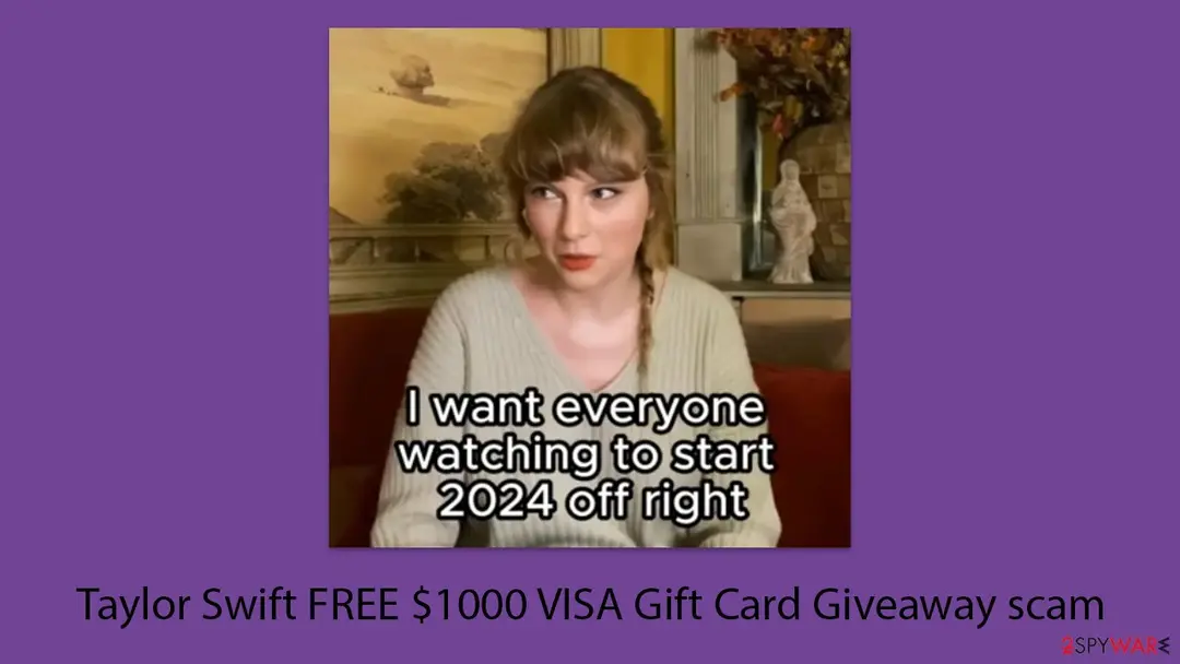 A video still of a woman with a fringe and a plait in a cream jumper, with the subtitle I want everyone watching to start 2024 off right, on a purple background with the title Taylor Swift FREE $1000 VISA Gift Card Giveaway scam