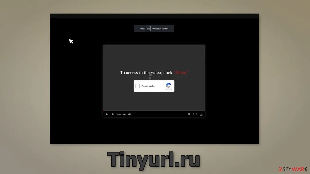 Fake video player on tinyurl.ru with the text To access the video click Allow and an I'm not a robot box, shown full screen on a black background