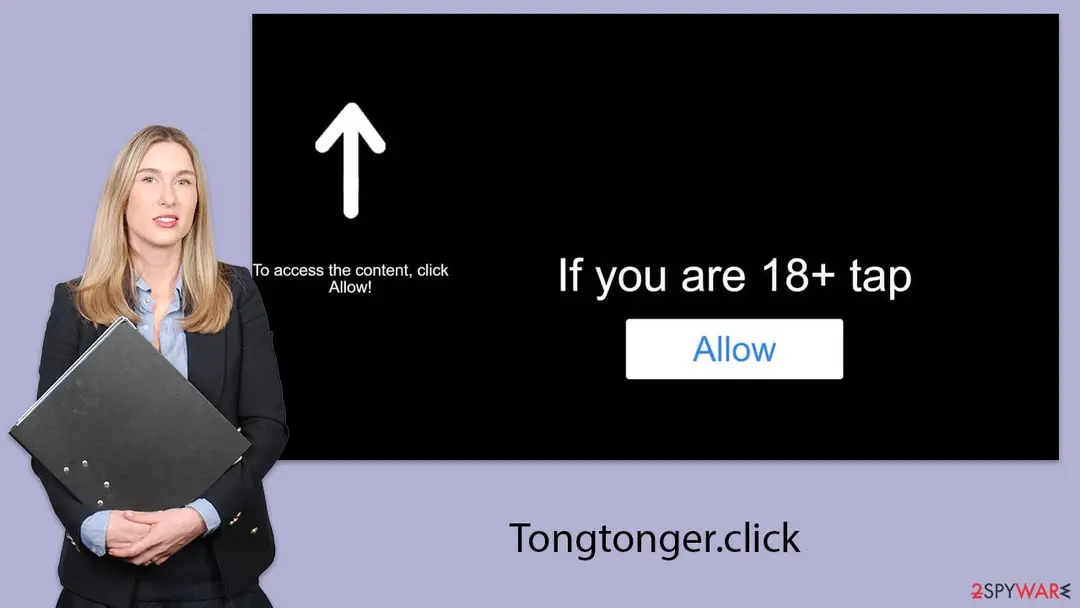 Black page with the text If you are 18+ tap Allow and an arrow pointing to the browser's notification prompt, with the label Tongtonger.click