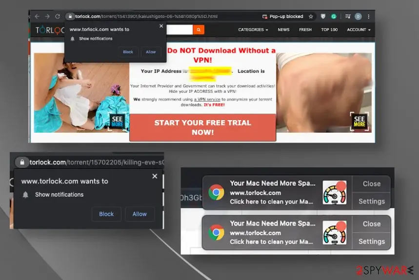 Torlock.com in 2020: a notification permission prompt, a Do NOT Download Without a VPN advertisement page and two Mac space alerts from Chrome