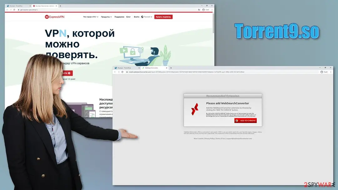 Two Chrome windows from 2020: a Russian-language VPN advert page that opened from Torrent9.so, and a page titled 'Please add WebSearchConverter' with an ADD TO CHROME button; a stock photo of a woman points at them