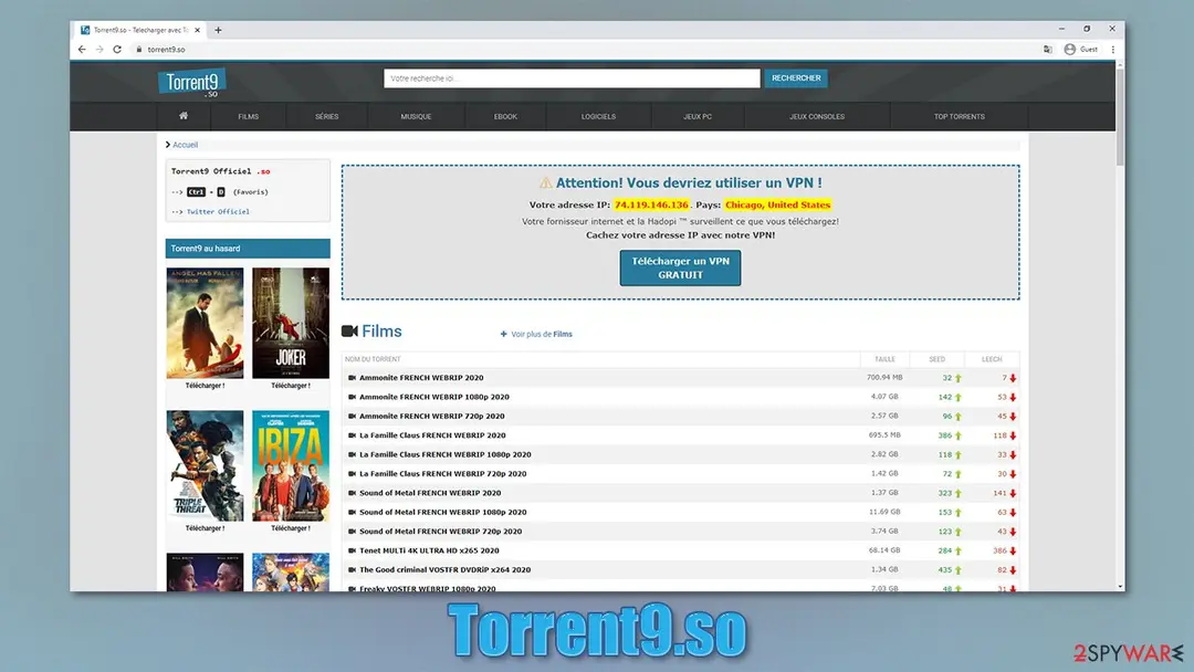 The Torrent9.so home page in Chrome in 2020: a French torrent list of films with a dotted box headed 'Attention! Vous devriez utiliser un VPN !' that shows the visitor's IP address and a 'Telecharger un VPN GRATUIT' button
