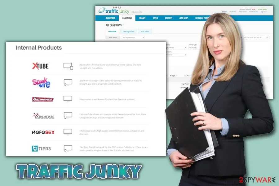 A TrafficJunky advertiser campaign page with a date range in January and February 2017, and a list of internal products with the names of tube sites