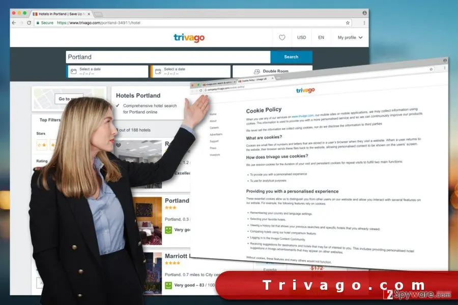 A woman in a dark jacket gesturing at a trivago hotel search page for Portland, with a trivago Cookie Policy page open on top