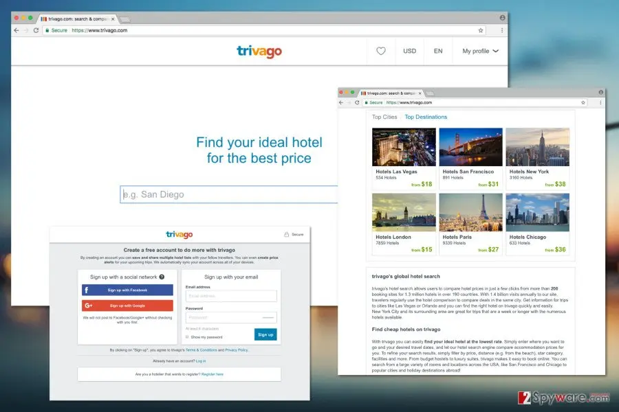 Two browser windows on trivago.com: the home page with the line Find your ideal hotel for the best price, a box of top city hotel prices, and a sign-up form with Facebook and Google buttons