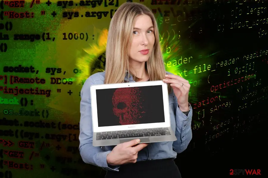 A woman in a blue shirt holding a laptop whose screen shows a red skull made of code, in front of a background of green and red program code