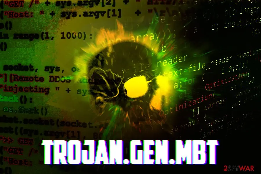 The words Trojan.Gen.MBT in white capitals over a dark picture of a glowing skull and lines of green and red program code