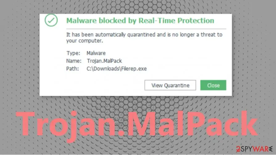 A Malware blocked by Real-Time Protection window saying it has been automatically quarantined, Type Malware, Name Trojan.MalPack, Path C:\Downloads\Filerep.exe, with View Quarantine and Close buttons, and the title Trojan.MalPack