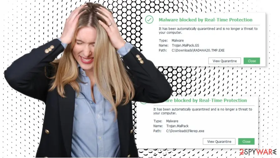 Two Malware blocked by Real-Time Protection windows, one naming Trojan.MalPack.GS with the path C:\Downloads\RAD4AA20.TMP.EXE and one naming Trojan.MalPack with the path C:\Downloads\Filerep.exe, next to a stock photo of a woman holding her head