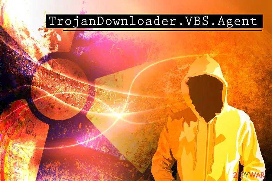 Stylised illustration of a hooded figure with no face in front of a hazard symbol, with the title TrojanDownloader.VBS.Agent in a black box