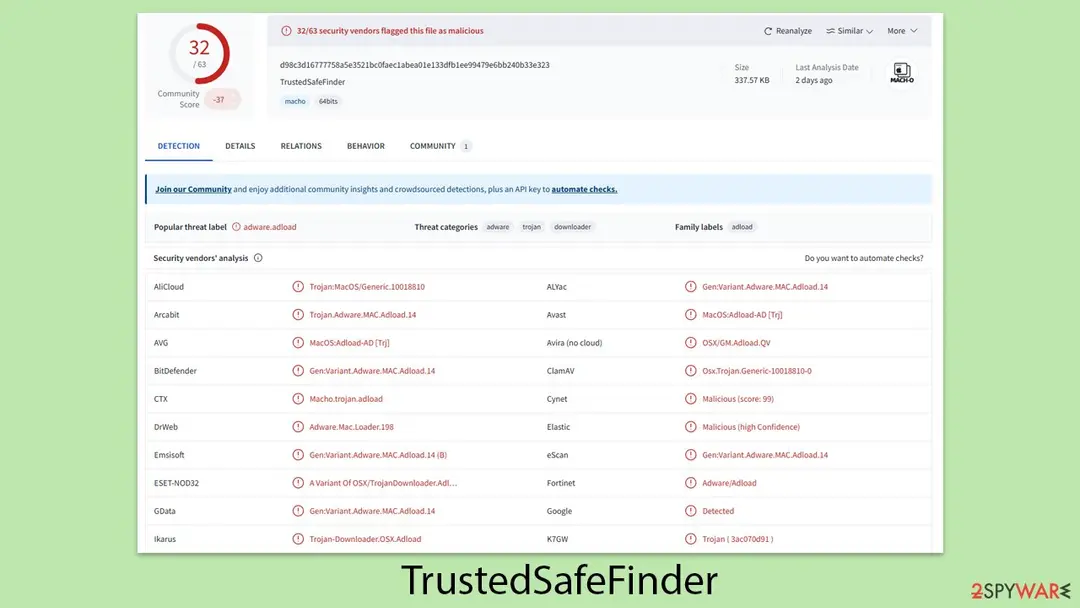 Screenshot of TrustedSafeFinder: adload virus