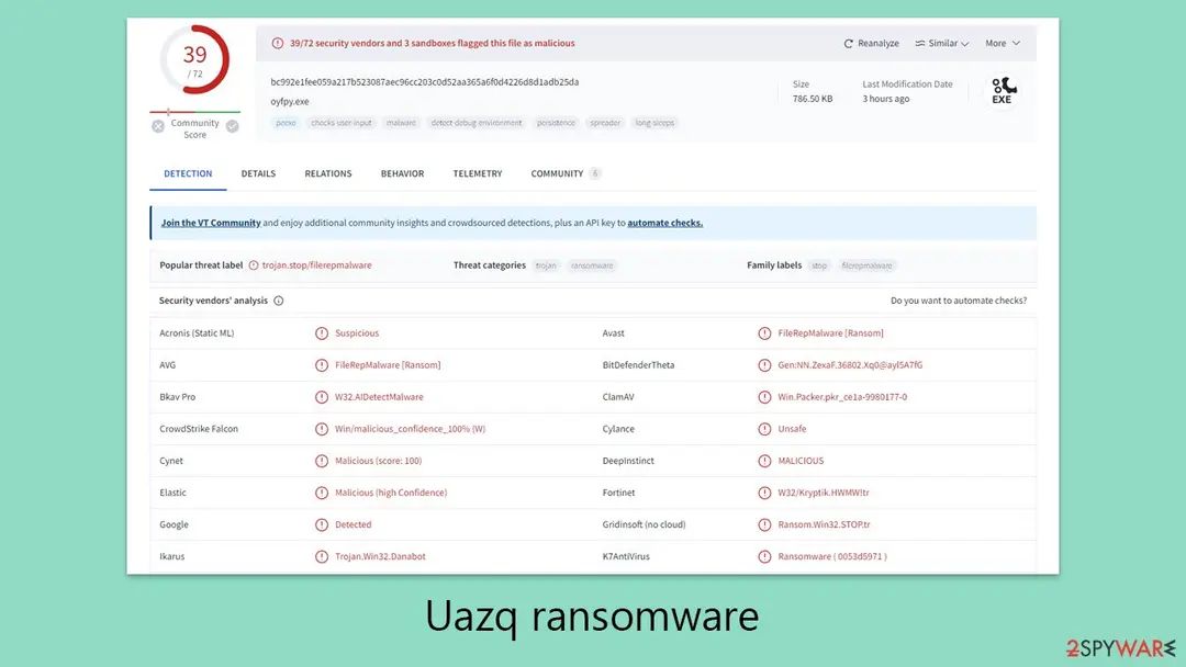 VirusTotal result for oyfpy.exe, 786.50 KB, flagged by 39 of 72 security vendors with the popular threat label trojan.stop/filerepmalware