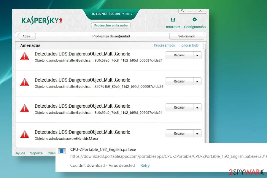 A Spanish-language Kaspersky Internet Security 2012 window listing four Detectados UDS:DangerousObject.Multi.Generic entries for files in c:\windows\installer and c:\windows\syswow64, with a Chrome download bar below it reading Couldn't download - Virus detected for CPU-ZPortable_1.92_English.paf.exe
