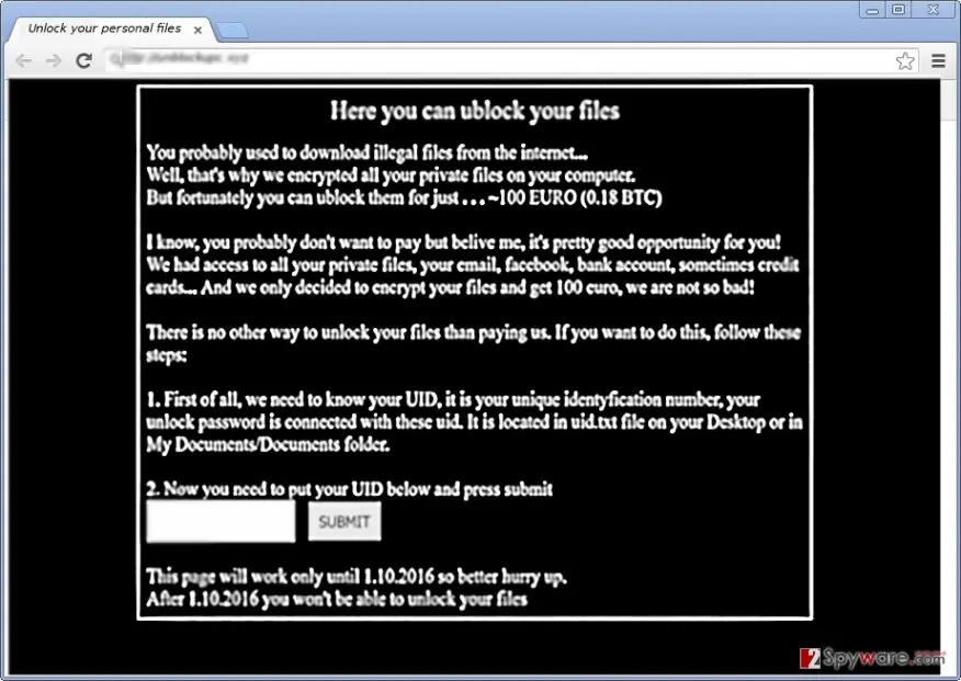 UnblockUPC ransomware virus: screenshot