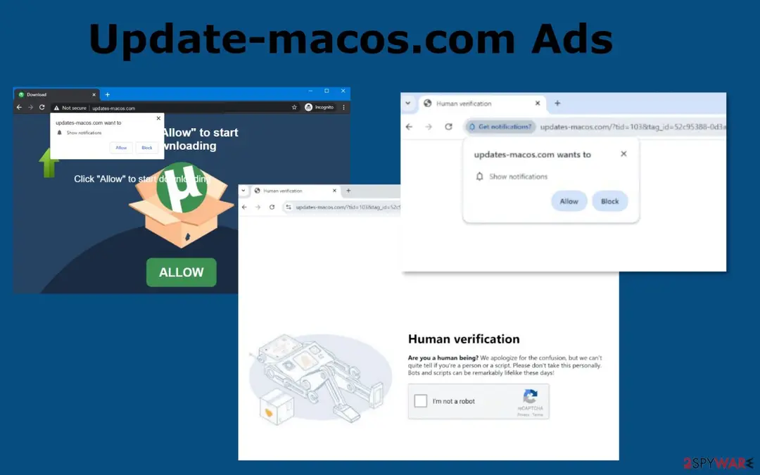 Three browser windows on updates-macos.com: a dark page saying Click Allow to start downloading with a green Allow button, a Human verification page with an I'm not a robot box, and Chrome's Show notifications prompt with Allow and Block