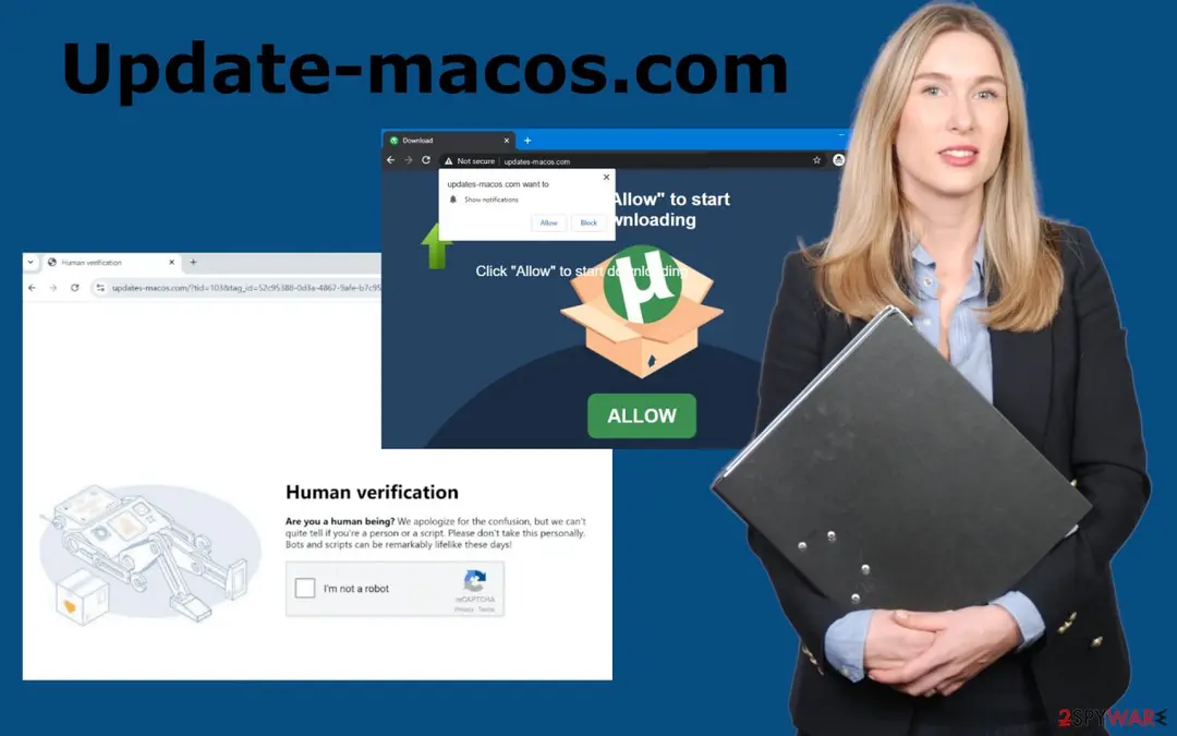 Two browser windows from updates-macos.com: a Click Allow to start downloading page with a green Allow button under a Chrome Show notifications prompt, and a Human verification page with an I'm not a robot box, next to a stock photo of a woman holding a folder