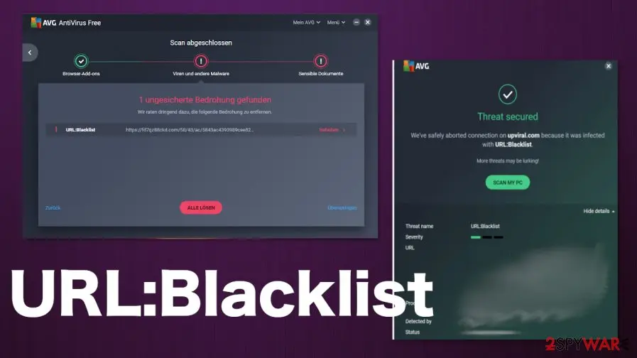 An AVG Threat secured window reading We've safely aborted connection on upviral.com because it was infected with URL:Blacklist, with a Scan my PC button and a details list with threat name URL:Blacklist, beside a German-language AVG scan result listing one unsecured threat, URL:Blacklist, with a long web address and an Alle lösen button