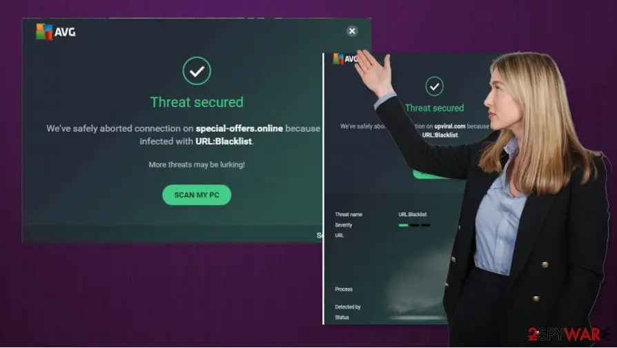 An AVG Threat secured window reading We've safely aborted connection on special-offers.online because it was infected with URL:Blacklist, with a second smaller window for upviral.com behind it and a stock photo of a woman pointing at it