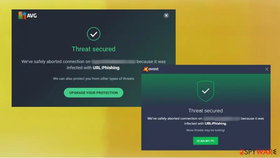 An AVG window and an Avast window, both headed Threat secured, both saying the connection to a blurred address was aborted because it was infected with URL:Phishing