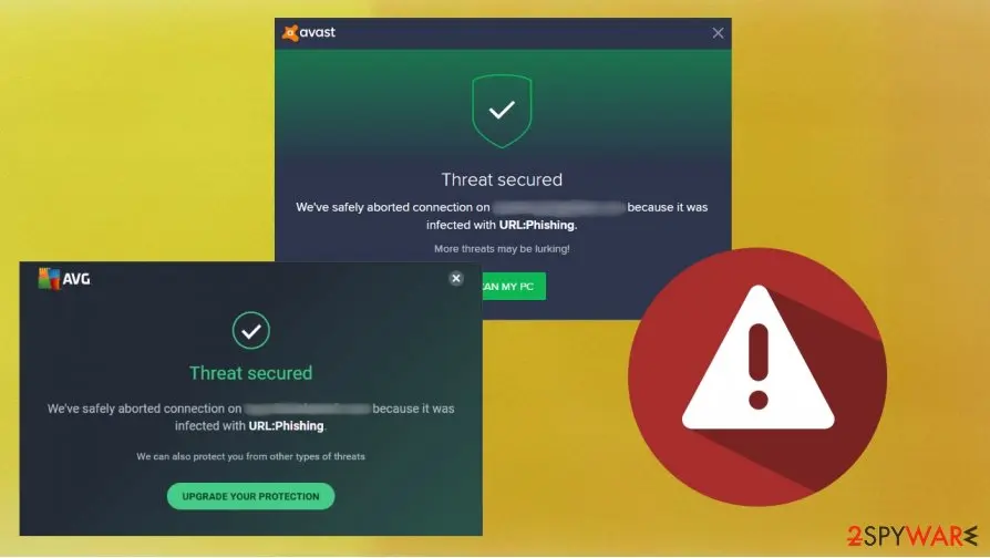 An Avast and an AVG window both saying Threat secured with the name URL:Phishing, beside a red warning triangle