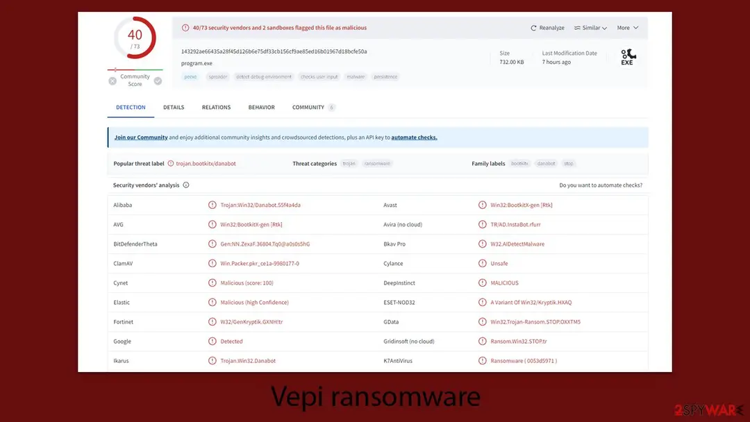 VirusTotal result for a file called program.exe, 732 KB, flagged by 40 of 73 security vendors, with the labels trojan.bootkitx/danabot and family labels bootkitx, danabot and stop, and a table of vendor detections