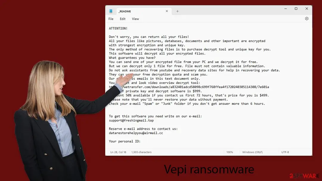 A Notepad window named _README showing the STOP Djvu ransom note with the price of $999, a discount to $499 and two e-mail contacts, with a woman in a dark jacket pointing at it