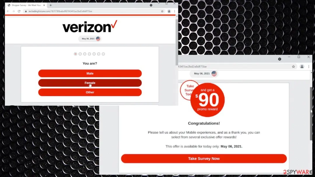Two browser windows on includingfuture.com: at the left the Verizon logo above a first survey question, You are, with Male, Female and Other buttons; at the right the $90 promo reward page with a red Take Survey Now button