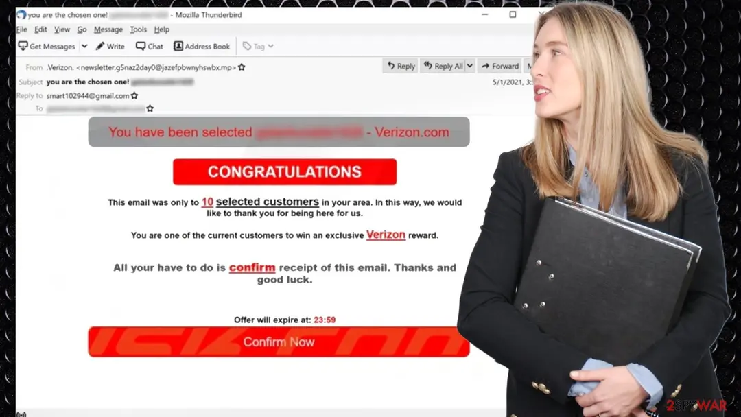 An e-mail in Mozilla Thunderbird with the subject you are the chosen one, a sender shown as Verizon, a red CONGRATULATIONS banner, text about 10 selected customers and a red Confirm Now button, and a woman in a dark jacket holding a folder at the right edge